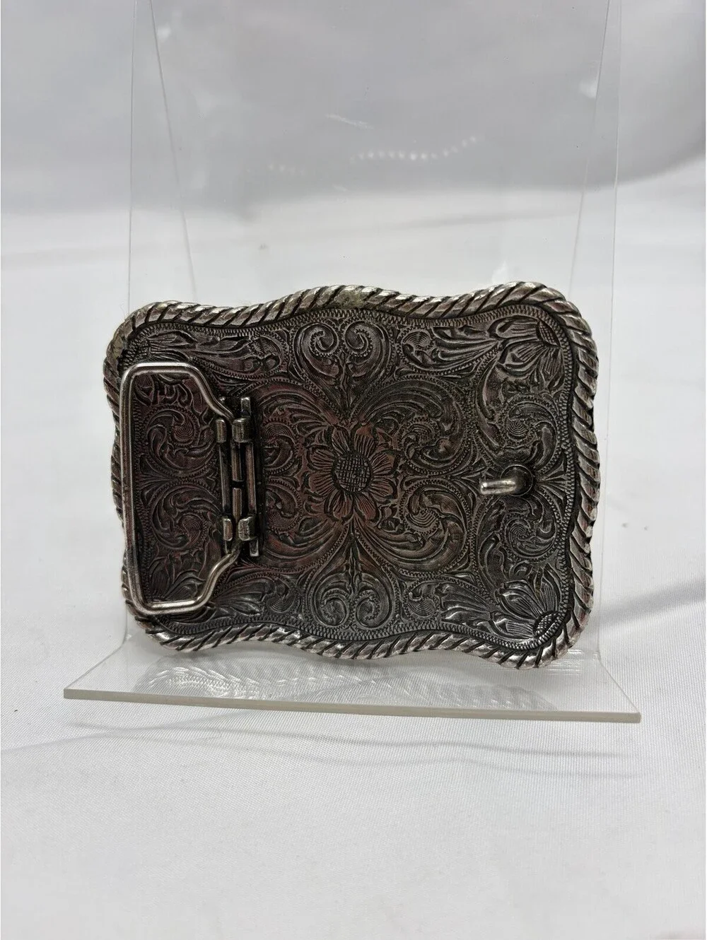 Longhorn Belt Buckle Silver Floral Western Cowboy Rodeo Engraved Tooled Ranch